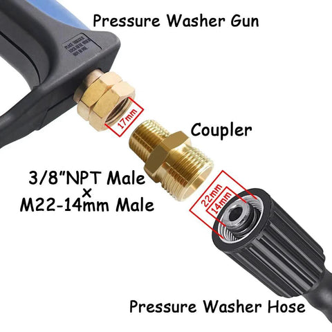 Beefy Brass Pressure Washer Coupler Set M22 14mm To Three Eighths NPT Male Thread Universal Connector in use