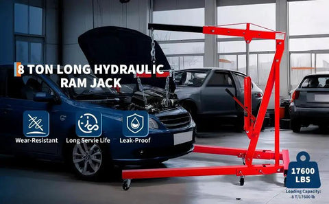 8 Ton Long Ram Hydraulic Jack With Clevis Base And Air Pump For Engine Hoists in use with vehicle in workshop setting