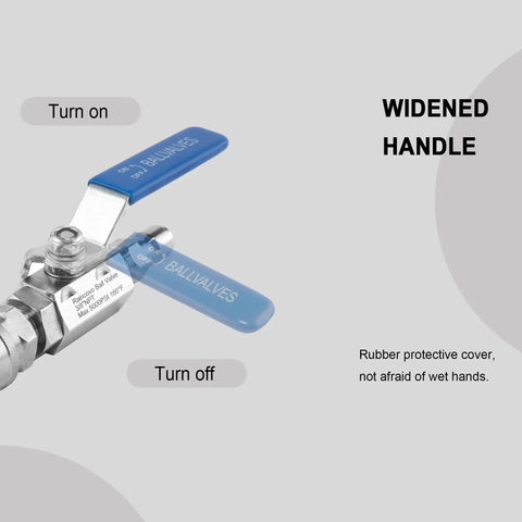 Heavy Duty Ball Valve For Pressure Washer With Hot Water Capability Stainless Steel Body Three Eighths Inch Quick Connect Shut Off Valve Up To Five Thousand PSI Fits High Power Washer Gun And Hose Anti Slip Ergonomic Grip Raincovo with blue handle and labels Turn On and Turn Off.