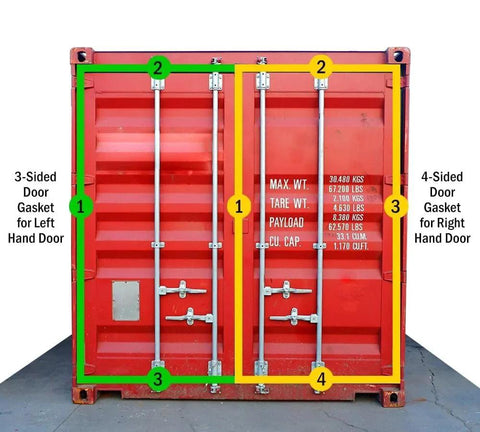 Shipping Container Door Gasket Set Two Piece Seal Kit For Eight By Nine Foot Six Inch Containers Left Three Sided And Right Four Sided EPDM Rubber Gaskets Weatherproof Water Dust UV Resistant Easy Install shown on doors