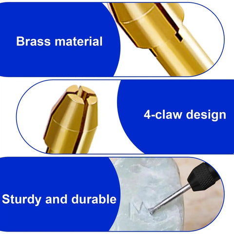 Close-up of brass 4-claw design drill chuck collet, part of the Drill Chuck Collet Set 15 Piece Kit with Brass Quick Change Nut.