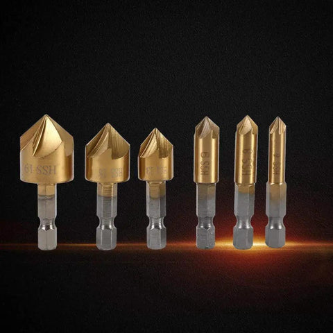 Pro Grade HSS Countersink Drill Bit Set 6mm To 19mm With One Quarter Inch Hex Shank 90 Degree Chamfer Cutter For Woodworking Cabinets And DIY Projects Five Flute High Speed Steel Coated For Long Life displayed on a dark background