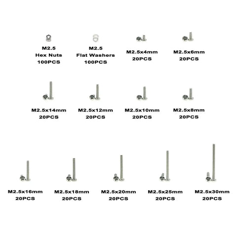 M2.5 Phillips Pan Head Machine Screws Nuts Flat Washers Kit in 304 Stainless Steel 420Pcs Set, showing screws in various lengths.