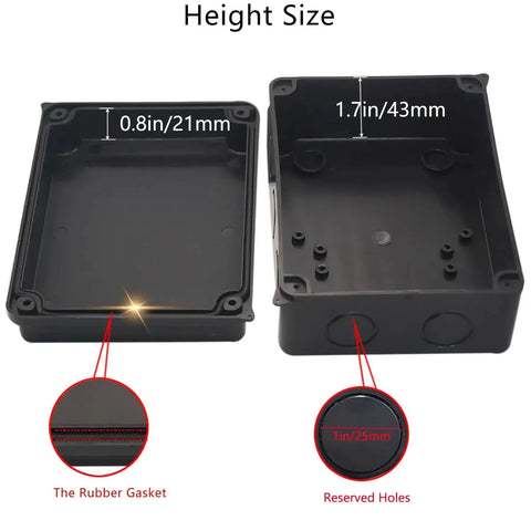 Outdoor IP65 Waterproof Electrical Junction Box In Tough ABS Plastic With Reserved Hole Design, open view showing interior dimensions