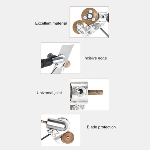 Drill Plate Cutter Attachment For Metal Shears with incisive edge, universal joint, and blade protection in detailed parts view