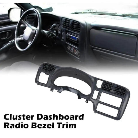 Dash Bezel Replacement For 1998-2004 Blazer Jimmy S10 Bravada Single Din Radio shown uninstalled and mounted on a dashboard.