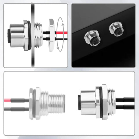 M12 2 Pin Female Connector Cable A-Coded IP67 waterproof aviation connector pin installation views and panel attachment
