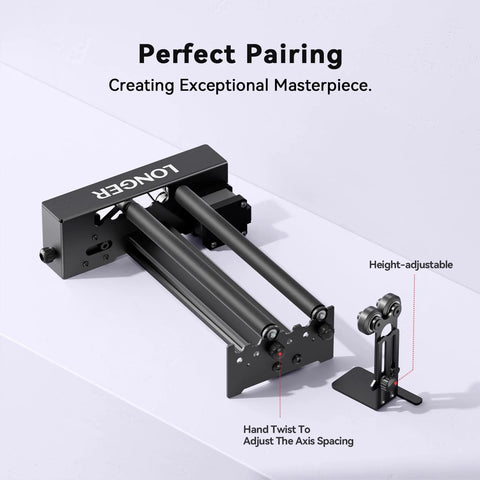 Ultimate Y Axis Rotary Roller For Laser Engravers With Bracket 360 Degree Spin shown with height-adjustable feature and hand twist axis adjustment.