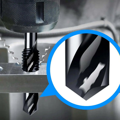Close-up of 6 Pack Combination Drill And Tap Bit Set for SAE Threads with anti rust black coating in use on metal