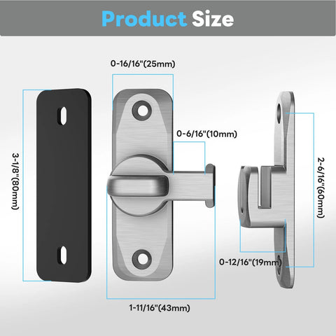 Dimensions of 90 and 180 Degree Barn Door Lock Built Tough Sliding Gate Latch, silver zinc alloy, front and side view with measurements