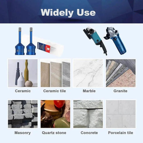 Image showing various materials like ceramic, marble, and granite with tools including a 2 Pack 1/4 Inch Diamond Core Drill Bits For Porcelain Tile Ceramic Marble Granite Dry Drilling Vacuum Brazed Hole Saw With 5/8-11 Thread, 6mm Shank, 10mm Diamond Height, 60mm Overall Length.