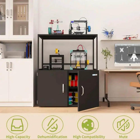 Beefy 300L Filament Storage Cabinet With Dehumidifier for 3D printing, black cabinet with open doors showing spools, in a workshop.