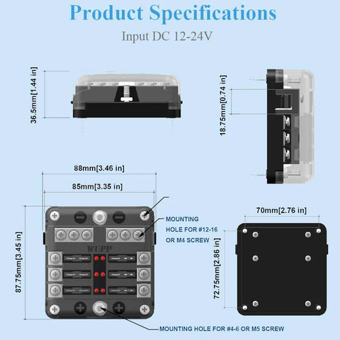 Diagram of waterproof 12V fuse panel with LED indicators, showing dimensions and mounting specs for boat, RV, and truck use.