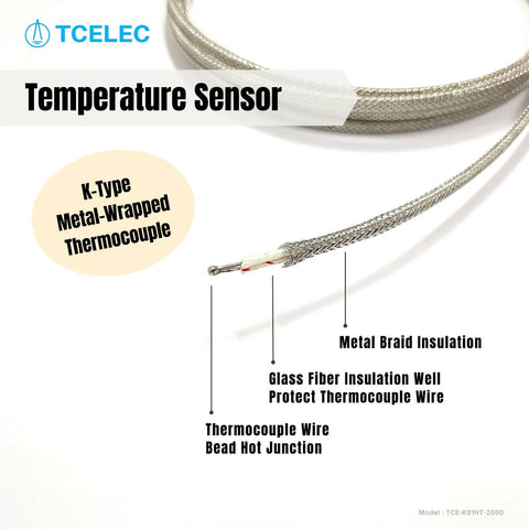K-Type metal-wrapped thermocouple sensor by TCELEC with glass-fiber insulation and braided metal sheath