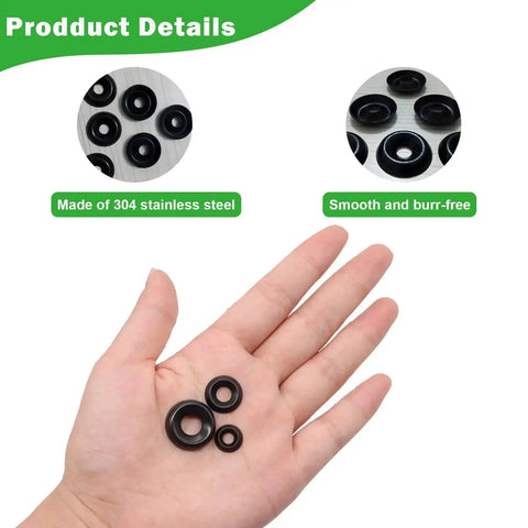 Hand holding Black Finish Stainless Steel Countersunk Cup Washers Set, Heavy Duty 304 Stainless, Rust Resistant, Seven Sizes