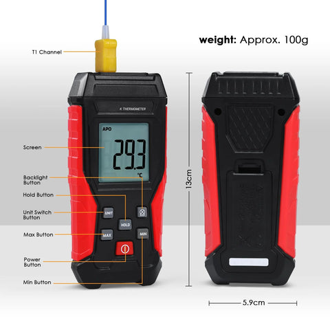 Amazon JuviPerpric digital K-type thermometer, red/black handheld with LCD display and yellow thermocouple probe on top