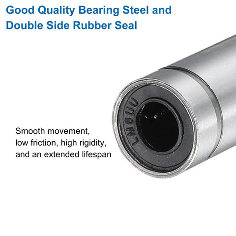 Close-up of 4Pcs LM6LUU Linear Bearing 6mm Bore 12mm OD 35mm Length Double Sided Rubber Sealed Ball Bearings with steel finish