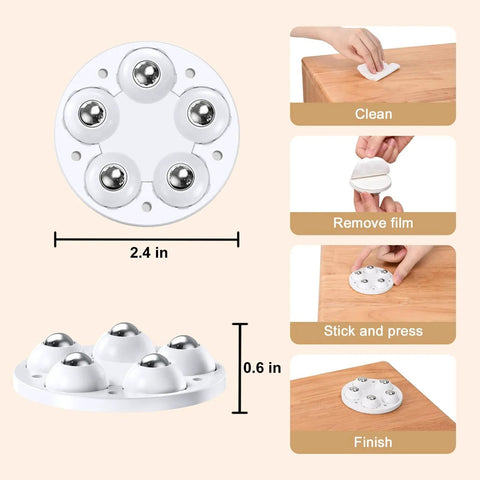 Diagram of Self-Adhesive Caster Wheels For Appliances showing installation steps: clean, remove film, stick and press, finish, with measurements.