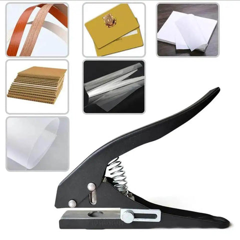 12mm Circle Hole Punch For ID Cards And PVC Badges Hand Held Round Paper Punch Grab And Go Easy To Use With 0 To 25mm Adjustable Feed Mess Free Desktop Punch Black with various materials around it.