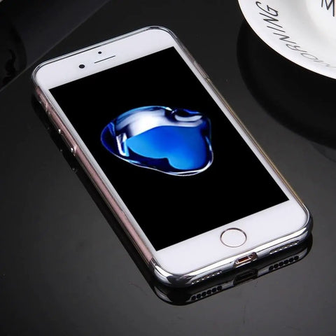 Smartphone with screen displaying a blue abstract design on a shiny black surface