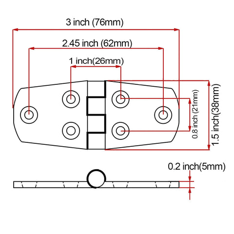 Front view of Laorde 316 stainless steel marine hinge, 3x1.5 in, heavy-duty boat hatch hinge, 4-pack with screws