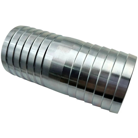 Close-up of Heavy Duty Two Inch Stainless Steel Hose Barb Fitting Straight Barbed Coupler With Four Clamps For Oil And Water