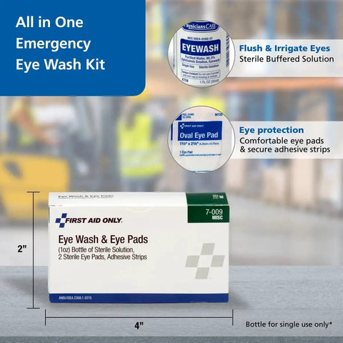 Box and contents of All In One Eye Wash Kit With Oval Eye Pads And Adhesive Strips, Emergency Eye Rinse Included, 5 Piece Set.