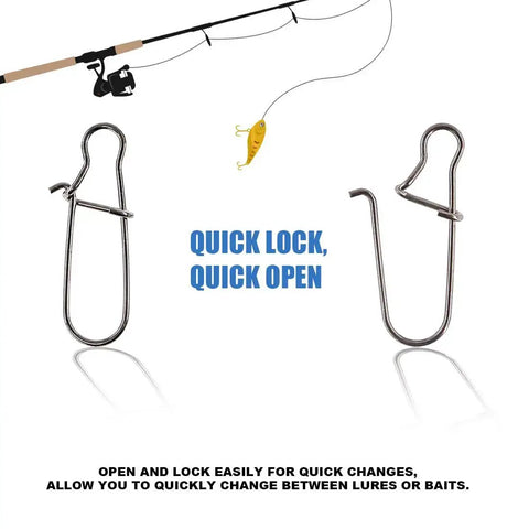 Pro Grade Stainless Steel Duo Lock Snaps With Smooth Swivels And Slide Rings For Fishing Lure Connectors, Tough Freshwater And Saltwater Gear, Assortment Kit, 40 To 220 Lb Test shown with fishing rod and snap detail.