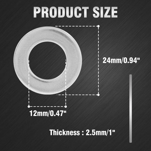 Piutouyar M12 x 24mm stainless steel flat washer, outer 24 mm, inner 12 mm, thickness 2.5 mm, 50 pcs