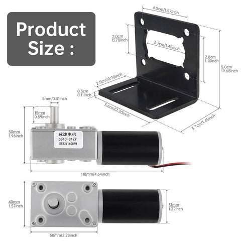 Beefy 12V DC Worm Gear Motor with Bracket for Precision Slow Speed Control, 40 RPM, 7W, showing product size and dimensions.