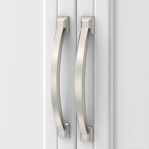 10 Pack 4 Inch Brushed Satin Nickel Cabinet Handles And Pulls For Kitchen Cabinets And Cupboards installed on white cabinet doors.