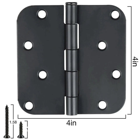 Three Pack Matte Black Four Inch Radius Door Hinges Five Eighths Inch Heavy Duty Residential Door Hardware With Twenty Four Free Screws Built To Last And Easy Install For Interior Exterior Doors And Gates, showing one hinge with dimensions and screws.