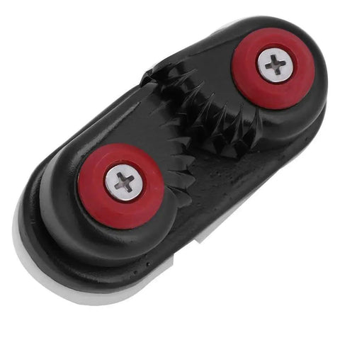 Close-up of aluminum cam cleat rope clutch for 4–6mm rope; black body with red screw heads.