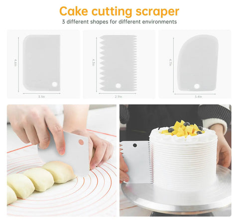 12 Inch Aluminum Cake Turntable Decorating Stand With Rotating Cake Stand Go To Kit For Cakes And Pastries Including Leveler Icing Comb Set 8 Pro Grade Decorating Tips Reusable Coupler And 10 Disposable Pastry Bags in use with cake scraper tool.