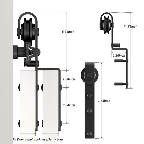 Five Foot Bypass Sliding Barn Door Hardware Kit For Double Wooden Doors On A Single Track With Combination Track Mode Fits Door Openings Up To Fifty Seven Inches Easy Install Roughly Six Inch Overlap Space, front view with measurements of components.