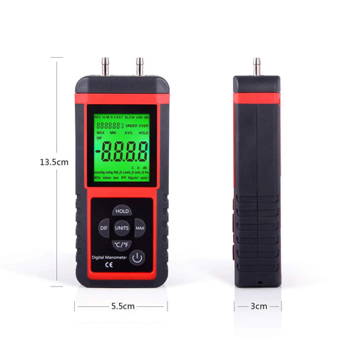 Front view of Amazon EHDIS digital manometer with dual ports, green LCD, red/black housing, handheld HVAC pressure tester
Side view of Amazon EHDIS digital manometer, red and black handheld HVAC gauge with textured grip