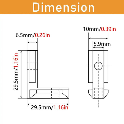 Dimensions diagram of the 1010 L-shape corner bracket for Heavy Duty 1010 Aluminum Extrusion L Shape Corner Brackets Kit 12 Pack.
