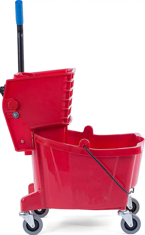 Side view of a red mop bucket with 3 Inch Swivel Stem Cart Caster Replacement Wheels For Mop Buckets, TPR Rubber, oil resistant.