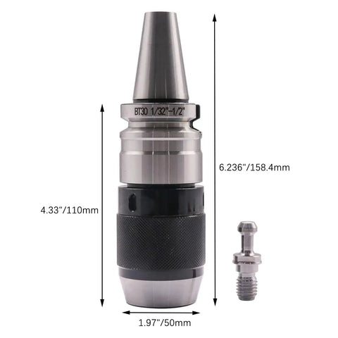 Heavy Duty Self Tightening Keyless Drill Chuck Holder For One Thirty Second To One Half Inch Range With BT30 Integral Shank includes dimensions