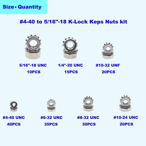 Stainless Steel Keps Nuts With K-Lock Lock Washers And Tooth Washers Hex Nuts Assortment Kit 170 Pieces Sizes 4-40 To 5/16-18 UNC 304/420