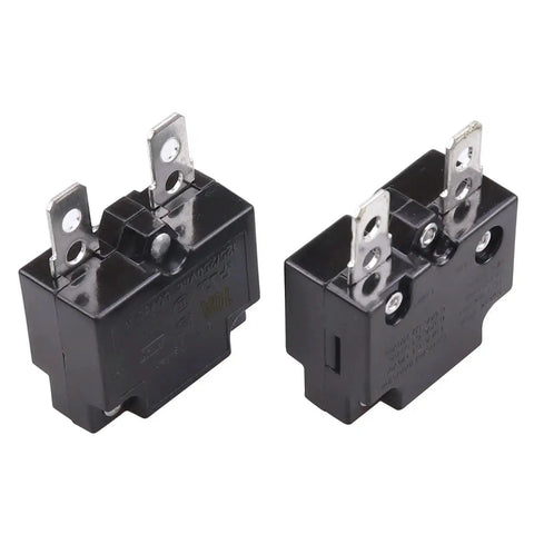 Two Pack 10A Auto Reset Thermal Circuit Breaker For 125 To 250V AC 50V DC Overload Protector shown in black casing