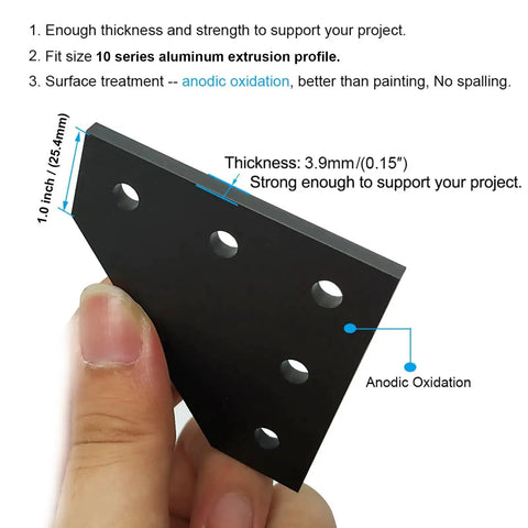 Close-up of Eight Pack 10 Series Aluminum Extrusion Corner Bracket held in hand showing anodic oxidation and 3.9mm thickness.