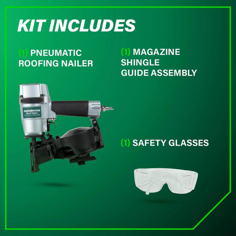 Pro-Grade Pneumatic Roofing Nailer For Asphalt Shingles kit with nailer, magazine assembly, and safety glasses shown on green background.
