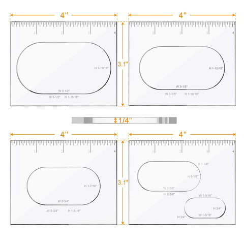 Pro DIY Oval Inlay Template Set Pack Of 4 Router Templates For Woodworking Includes 4 Inch Ruler Five Individually Sized Inlays Hardened Clear Acrylic Quarter Inch Thick Decorative Router Jig Templates displayed.