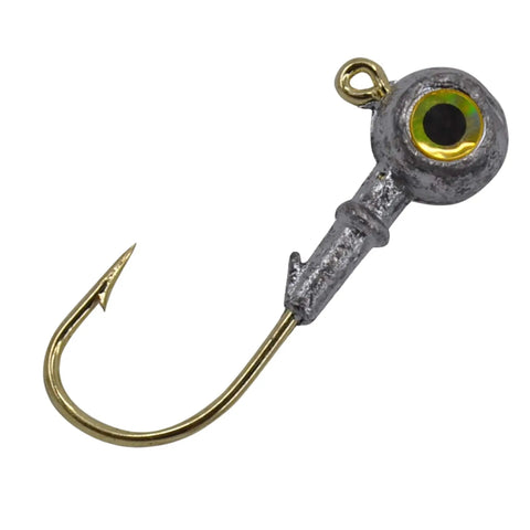 GoldenEye One Eighth Ounce Jig Head For Inshore Fishing, five-count bag with soft plastic lures, close-up view of one jig head