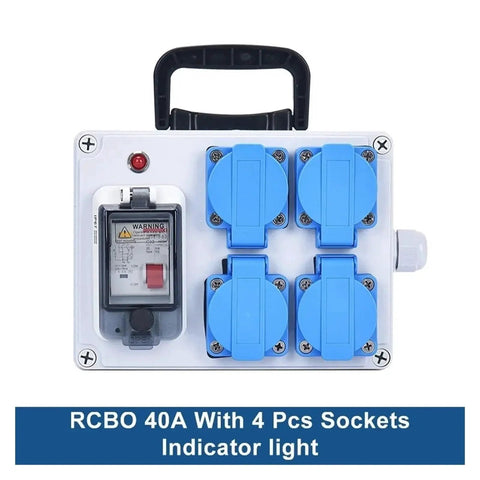 Wall Mounted Waterproof Power Box With Dual Button IP54 110V 220V 16A, front view with four blue sockets and handle