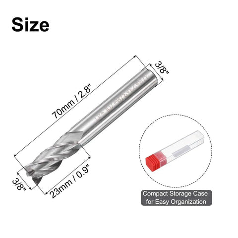 Four Piece HSS AL End Mills Set Pro Grade With Three Eighths Inch Cutting Diameter And Three Eighths Inch Shank Four Flutes Upcut Spiral Milling Cutter With size dimensions and storage case shown