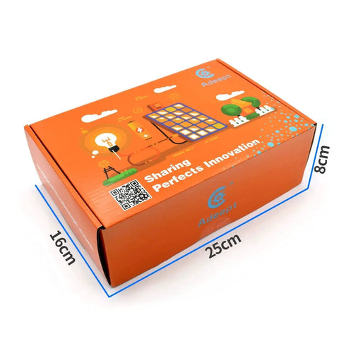 Orange box packaging for 4WD Omni Directional Mecanum Wheels Robotic Car Kit For Raspberry Pi Pico MicroPython, dimensions labeled.