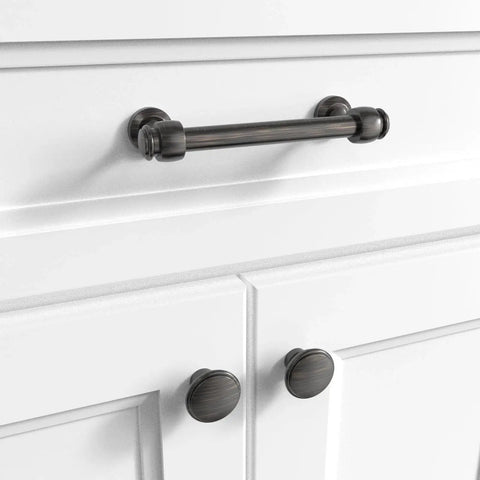 Milano Door And Drawer Pull 8 Inch Center-To-Center in Oil Rubbed Bronze installed on white cabinet.