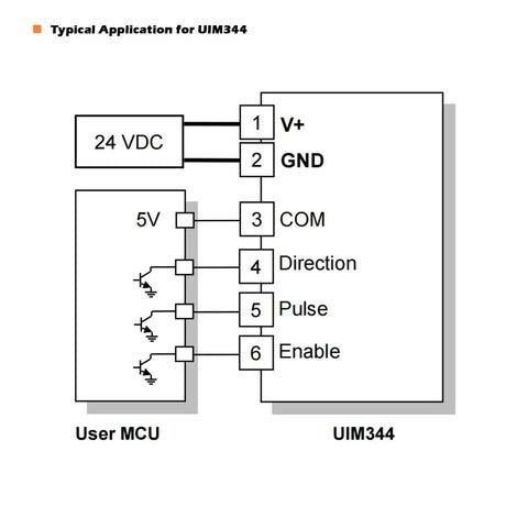 Diagram showing wiring for Integrated NEMA 34 Closed Loop Stepper Motor With Pulse Direction Control Interface Built In Encoder And Motion Controller And Driver For CNC Machines And 3D Printers 6.5 Nm Max Torque 6 A 24 48 V DC Drive UiRobot, connecting UIM344 to a user MCU and 24 VDC source.